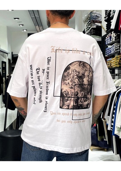 Erkek Sırtı Antik Kumaş Baskı Oversize T-Shirt
