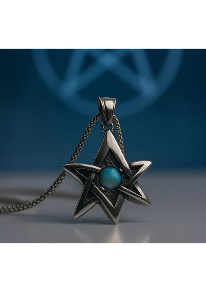 Denge, Koruma ve Elementlerin Uyumu Turkuaz Doğal Taşlı Pentagram Yıldız Kolye