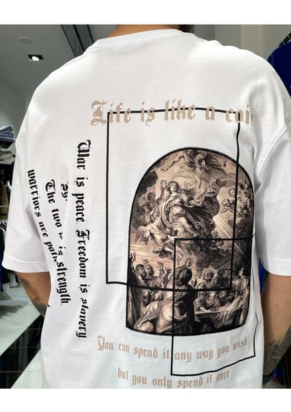 Erkek Sırtı Antik Kumaş Baskı Oversize T-Shirt
