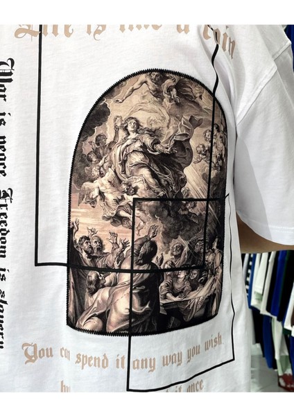 Erkek Sırtı Antik Kumaş Baskı Oversize T-Shirt