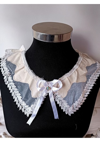 Özel Tüllü Polyester Dantel Işlemeli Kurdeleli Yaka