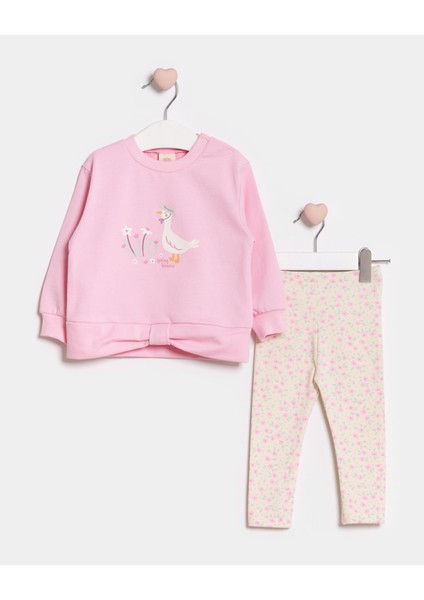 Kız Çocuk Pamuklu Pembe Kaz Baskılı Sweatshirt ve Çiçek Desenli Tayt Takım