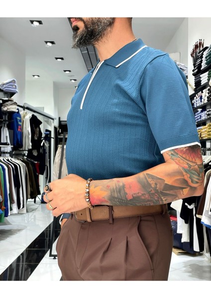 Fermuarlı Triko Polo Yaka Erkek Tişört