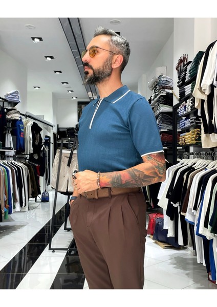 Fermuarlı Triko Polo Yaka Erkek Tişört