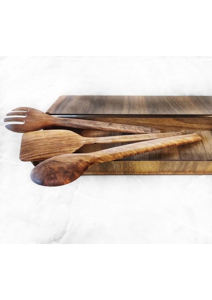 Ahşap Kutulu Hakiki Ceviz Ağacı Büyük Boy Çatal Kaşık Spatula Seti El Yapımı fiyatları