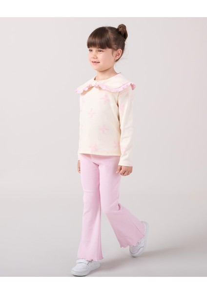 Kız Çocuk Pamuklu Lila Fiyonklu Volan Yaka Sweatshirt ve Ispanyol Paça Pantolon Takım