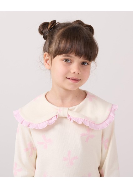 Kız Çocuk Pamuklu Lila Fiyonklu Volan Yaka Sweatshirt ve Ispanyol Paça Pantolon Takım fırsatları