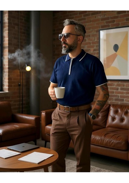 Fermuarlı Triko Polo Yaka Erkek Tişört