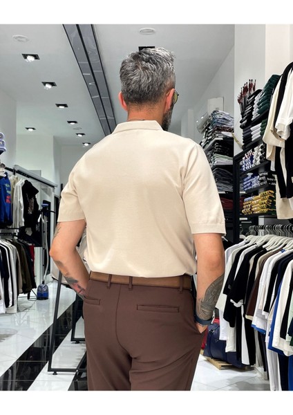 Kendinden Desenli Erkek Triko Polo Yaka T-Shirt