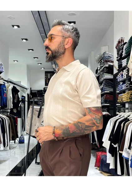 Kendinden Desenli Erkek Triko Polo Yaka T-Shirt