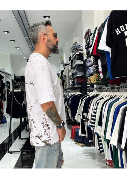 Boya Efektli Erkek Oversize T-Shirt indirimleri