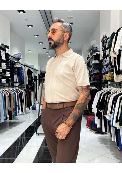 Kendinden Desenli Erkek Triko Polo Yaka T-Shirt