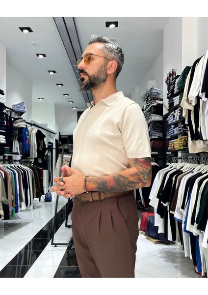 Kendinden Desenli Erkek Triko Polo Yaka T-Shirt