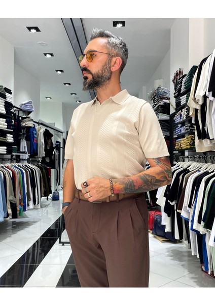 Kendinden Desenli Erkek Triko Polo Yaka T-Shirt