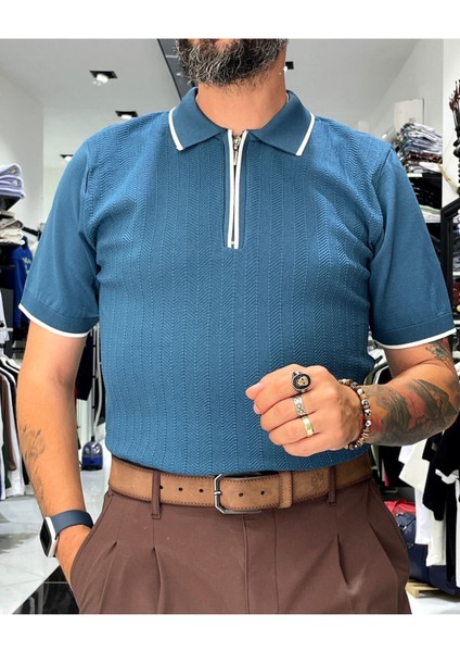 Fermuarlı Triko Polo Yaka Erkek Tişört