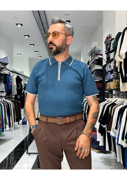 Fermuarlı Triko Polo Yaka Erkek Tişört