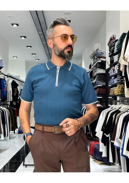 Fermuarlı Triko Polo Yaka Erkek Tişört