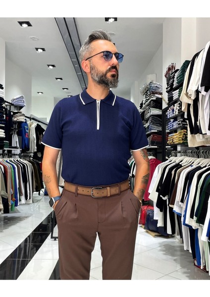 Fermuarlı Triko Polo Yaka Erkek Tişört