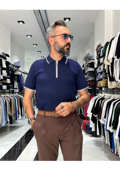 Fermuarlı Triko Polo Yaka Erkek Tişört