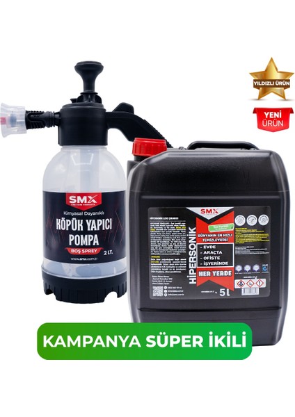 Hipersonik - Dünyanın En Hızlı Temizleyicisi 5 kg ve 2 Litre Köpük Yapıcı Kimyasal Dayanımlı Basınçlı Pompa