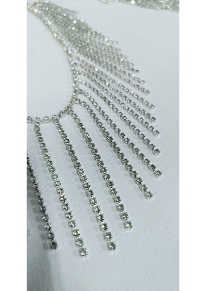 Özel Gümüş Renk Sıralı Kristal Taşlı Zincir Saçak Şerit 8 cm fiyatları