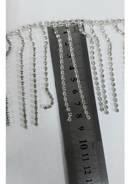Özel Gümüş Renk Sıralı Kristal Taşlı Zincir Saçak Şerit 8 cm