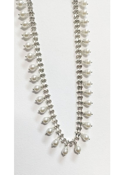 Özel Gümüş Kristal Taşlı Incili Saçak Şerit