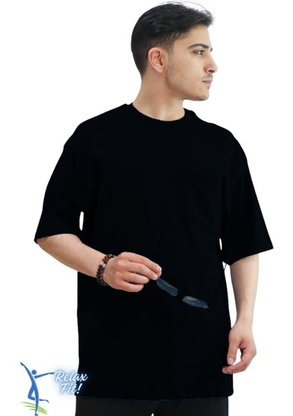 Bol ve Rahat Kesim Cep Detaylı Bisiklet Yaka T-Shirt Siyah