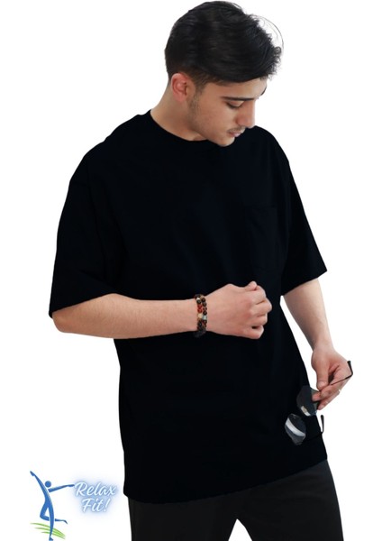 Bol ve Rahat Kesim Cep Detaylı Bisiklet Yaka T-Shirt Siyah fiyatları