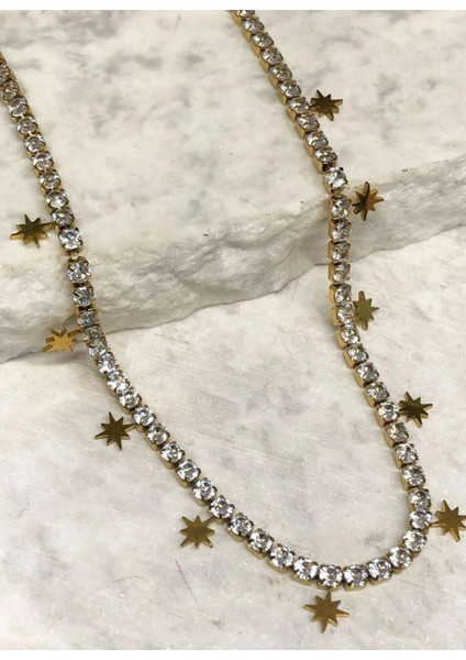 Kadın Gold Yıldızlı Su Yolu Zirkon Taşlı Çelik Gold Kolye