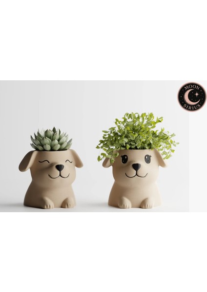 Dekoratif Sevimli Köpek Figürlü Saksı Seti – 2'li 3D Baskı Bitki Saksısı – Küçük ve Orta Boy
