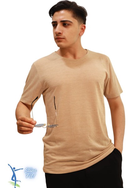 Hava Alan Ince Pamuklu Kumaş Bisiklet Yaka Erkek T-Shirt Camel