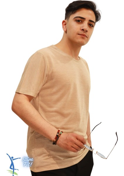 Hava Alan Ince Pamuklu Kumaş Bisiklet Yaka Erkek T-Shirt Camel fiyatları