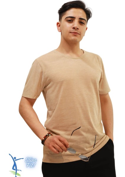 Hava Alan Ince Pamuklu Kumaş Bisiklet Yaka Erkek T-Shirt Camel modelleri
