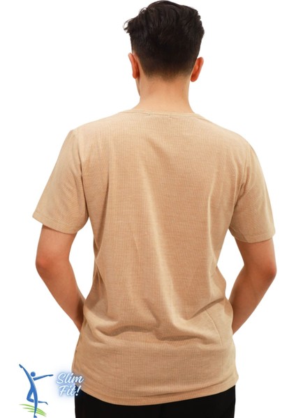 Hava Alan Ince Pamuklu Kumaş Bisiklet Yaka Erkek T-Shirt Camel fırsatları