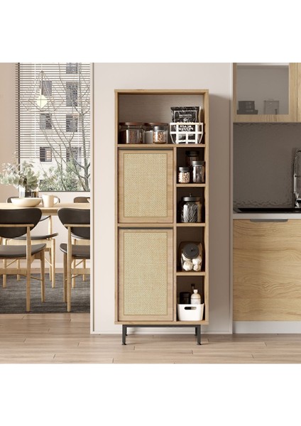 Bohem Mutfak Kiler Dolabı Mikrodalga 2 Kapaklı Metal Ayaklı Uv Baskı Sepet-Jüt BOH10A-SU