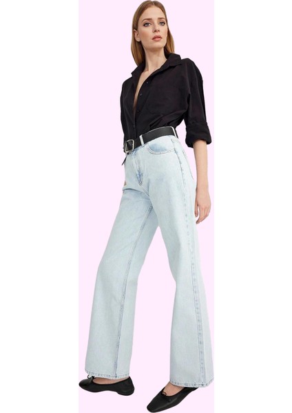 Kadın Denim Yüksek Bel Pantolon Geniş Paça Pamuk Günlük Kullanım Yaz Aylarının Vazgeçilmezi