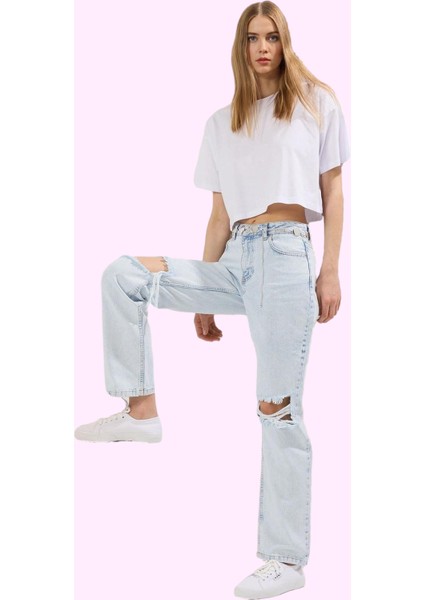 Kadın Modern Kesim Yırtık Detaylı Denim Geniş Paça Jean Pantolon Rahat Günlük Stil Hafta Sonu fiyatları
