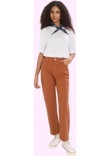 Kadın Pamuk Denim Pantolon Yüksek Belli Straight Günlük Kullanım Yaz Aylarının Vazgeçilmezi