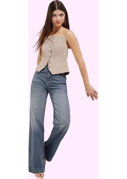 Kadın Pamuk Denim Pantolon Yüksek Bel Geniş Paça Günlük Kullanım Için Mükemmel Özel Günler