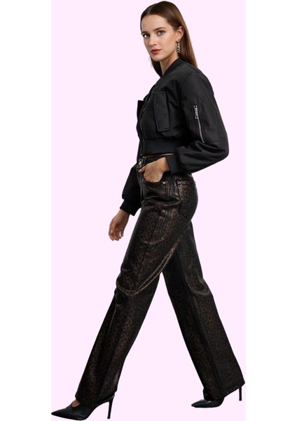 Kadın Leopar Baskılı Yüksek Bel Geniş Paça Jean Pamuk Günlük Kullanım Yaz Aylarının Vazgeçilmezi