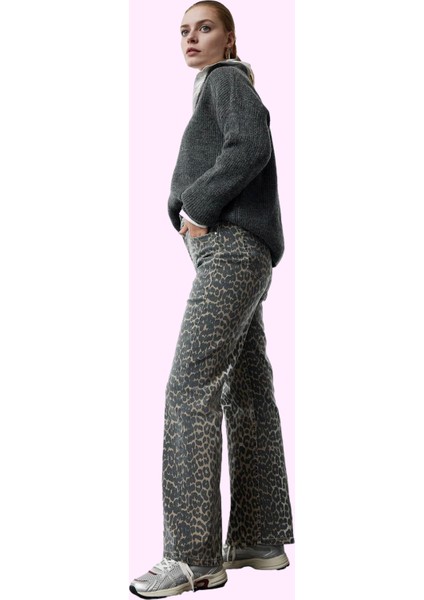 Kadın Geniş Paça Denim Pantolon Yüksek Bel Çok Animal Desenli Tüm Sezon Yaz Aylarının Vazgeçilmezi