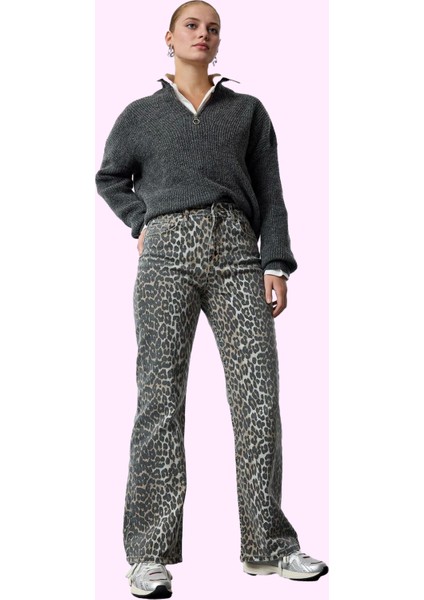 Kadın Geniş Paça Denim Pantolon Yüksek Bel Çok Animal Desenli Tüm Sezon Yaz Aylarının Vazgeçilmezi fiyatları