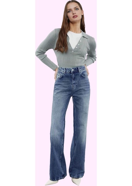 Kadın Denim Pantolon Yüksek Bel Geniş Paça Rigid Dokuma Pamuk Günlük Kullanım Modern Tasarım