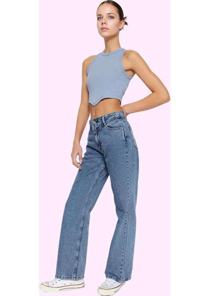 Kadın Regular Boy Denim Jean Yüksek Bel Geniş Paça Pamuk Günlük Kullanım Dayanıklı Malzeme