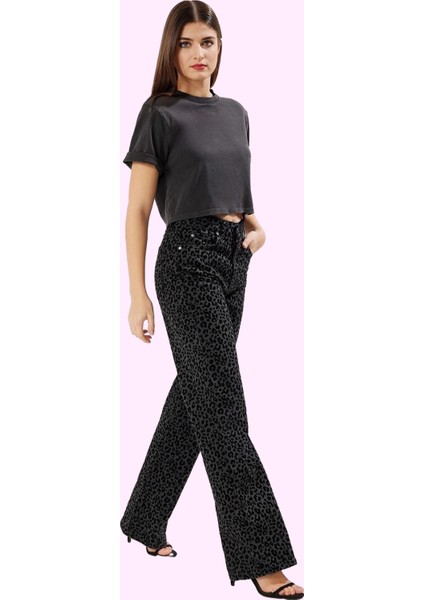 Kadın Leopar Desenli Pamuk Denim Pantolon Yüksek Bel Wide Leg Rigid Dokuma Günlük Kullanım