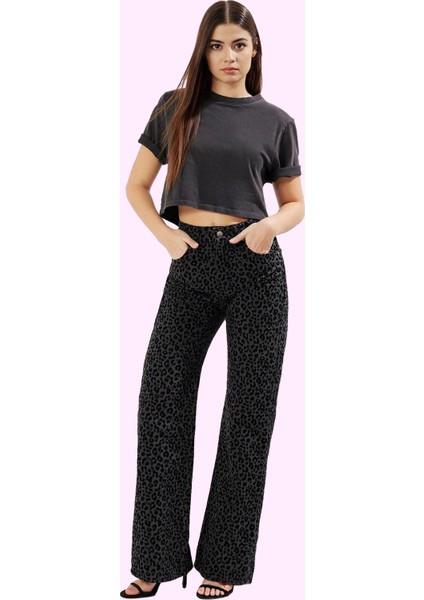 Kadın Leopar Desenli Pamuk Denim Pantolon Yüksek Bel Wide Leg Rigid Dokuma Günlük Kullanım fiyatları