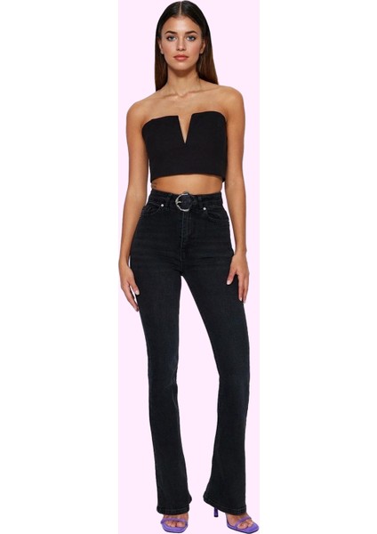 Kadın Denim Flare Jean Yüksek Bel Ispanyol Paça Günlük Hafta Sonu Yaz Aylarının Vazgeçilmezi fiyatları