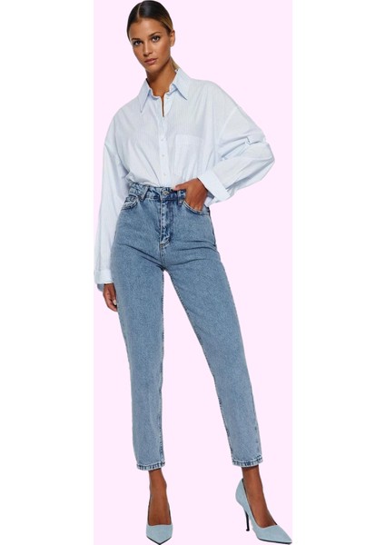 Kadın Pamuk Mom Jean Geniş Paça Yüksek Bel Fermuarlı Günlük Stil Yaz Aylarının Vazgeçilmezi fiyatları