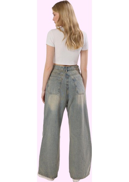 Kadın Denim Baggy Pantolon Yüksek Bel Geniş Paça Pamuk Günlük Kullanım Yaz Aylarının Vazgeçilmezi